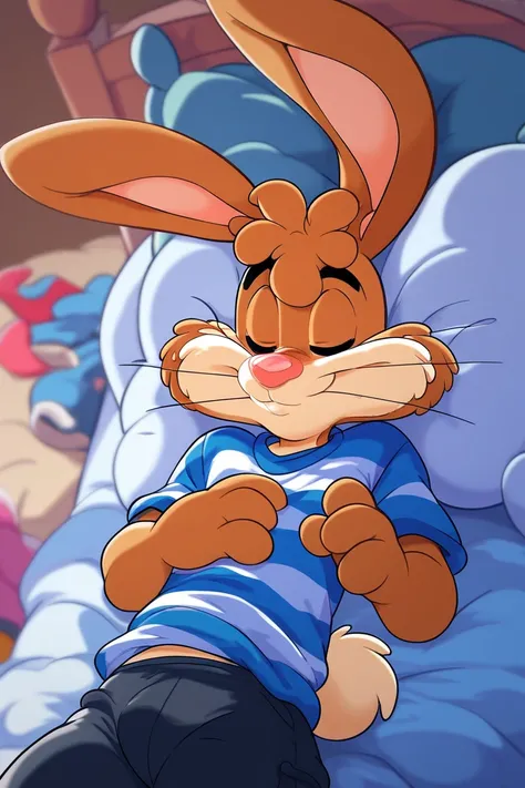 zPDXL3,quicky,4 fingers,brown fur, black pants, blue striped shirt, standing, young adult, cute version of quicky, cute rabbit hair, furry, rabbit, male, Warner Bros style, femboy, bed‚ sleeping