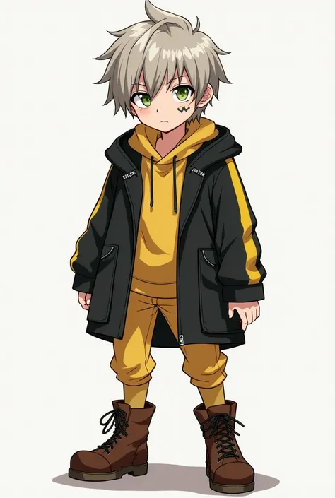 It creates the image of a boy with disheveled gray blond hair, light green eyes and a tattoo shaped like thorns on his left cheek and with a black coat with yellow stripes and with an anime Shounen style with a ager's face with a normal head and a thin bod...