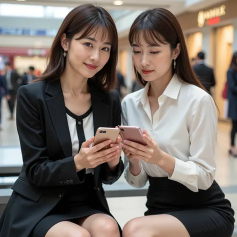  2 women、(( 1 woman、(Talking on a smartphone :1.5),( handling a smartphone 、 smartphone:1.2)),( looking at each other :1),((Happy attitude :1.5)),(( dynamic poses:1.5)),(( shooting from the front:1.7)),、４The 0s 、 very beautiful woman、 idol face、Japanese ac...