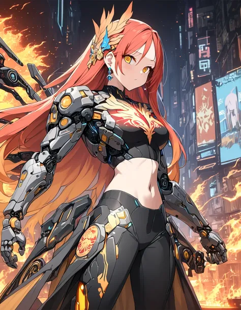 more details, cowboy shot, masterpiece, best quality ,  Ultra Fine, 16k,{ adult woman,(((phoenix motif))),(cyborg), cyberpunk} {((orange and red hair)),long hair,((Fire motif hair))} { Popup, slender figure, crystal earrings, ((orange odd eyes)),((Gold odd...