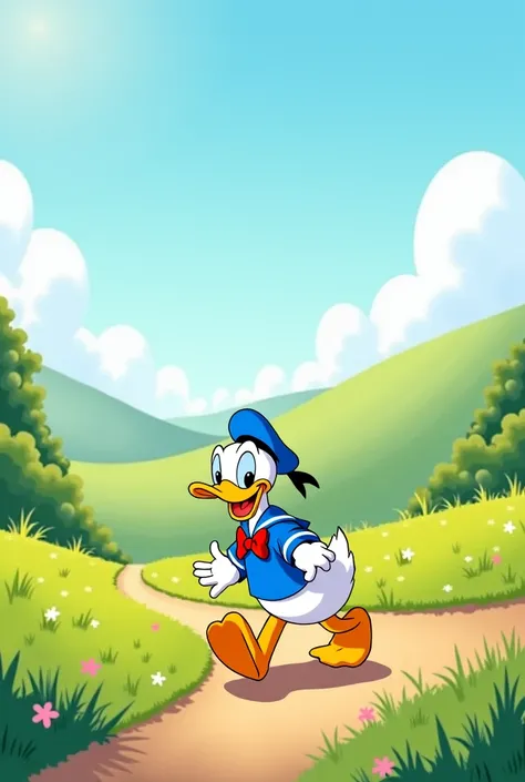 Create an image that portrays Donald Duck dressed in blue walking in the countryside whistling. Is there the sun in the scene 