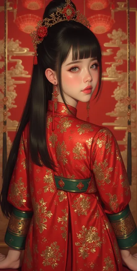  high resolution,  better quality, HD model,  high detail,  high quality , full frame,full length , Full-length girl, black hair,  straight hair , high ponytail, Breasts, earrings,  green eyes, makeup,scarlet lips,Chinese Style Dress , chinese new year,  C...