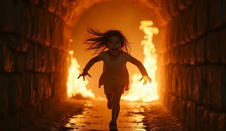 A young girl, engulfed in flames, running desperately into a dark stone tunnel. Her eyes are wide with terror, her mouth open in a silent scream. The fire illuminates the damp tunnel walls as smoke rises, curling against the ceiling. The stone beneath her ...