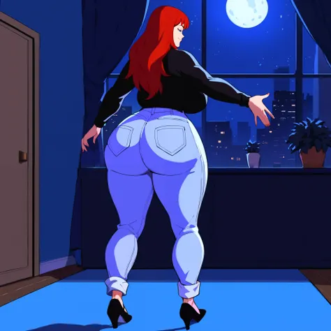 score_9, score_8_up, score_7_up, score_6_up, score_5_up, score_4_up, BREAK, 1girl, MJ, freckles arcoss face, blue eyes, dark red hair, long sleeve black shirt, dark blue long jeans, blue black shoes, long straight hair, 1girl, ((huge breasts, huge butt, th...