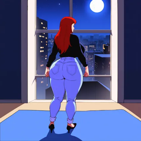 score_9, score_8_up, score_7_up, score_6_up, score_5_up, score_4_up, BREAK, 1girl, MJ, freckles arcoss face, blue eyes, dark red hair, long sleeve black shirt, dark blue long jeans, blue black shoes, long straight hair, 1girl, ((huge breasts, huge butt, th...