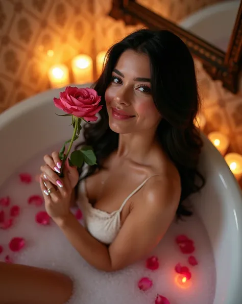 A sumptuous ultra-wide angle shot from above, capturing the entire majestic form of the stunning 24-year-old Ukrainian brunette model. Her heart-shaped face beams with joy as she lounges amidst candles and rose petals in an ornate bathroom. The porcelain s...