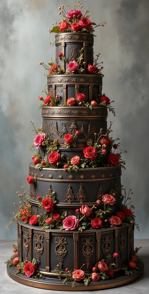 make a sketch of a very large cake, metallic lead gray background color, 6 levels, ancient medieval theme, detailed and fanciful, sinister medieval aesthetics, dark fantasy mixed with realism, with floral vibes, metallic brown color, the art of the cake in...