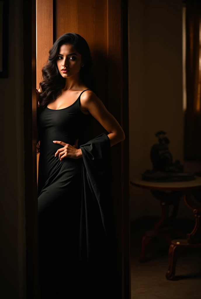 Indian woman wearing black kurti without pants standing seductively near the door, erotic lighting and full body image