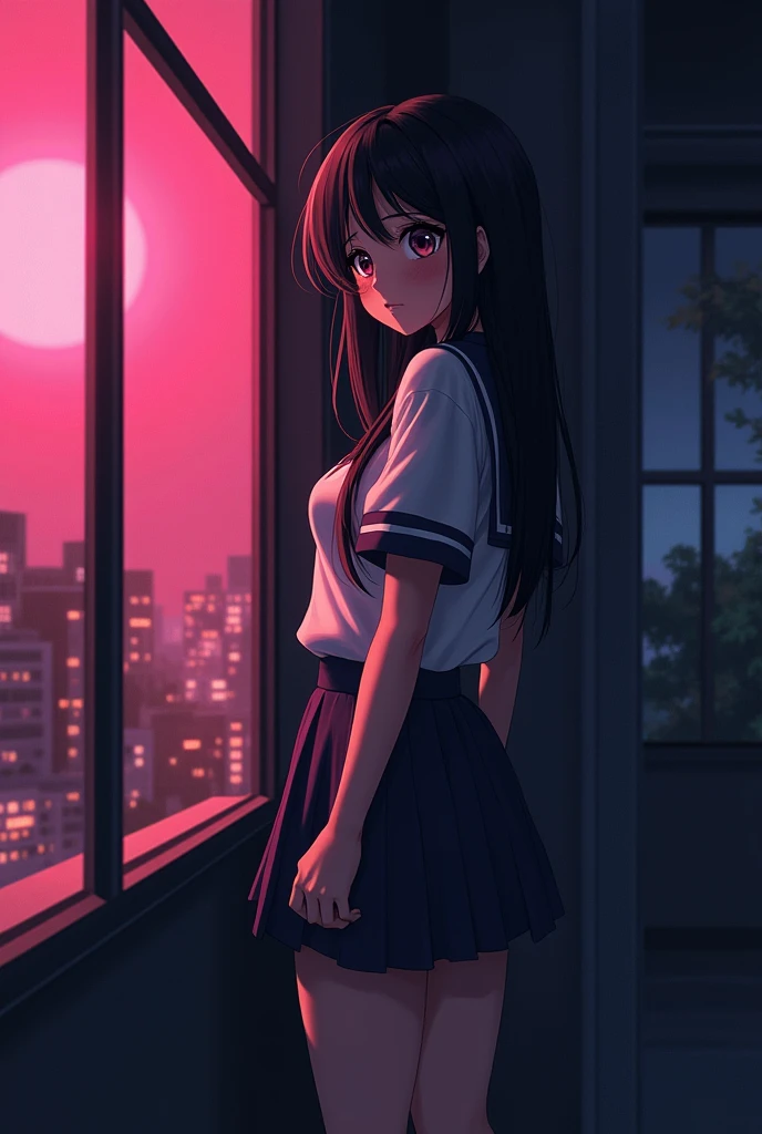 oblique view point,anime,dark night city,display window,pink light,solo asian girl,standing in the window,standing in the narrow room,crying,school uniform,super-mini skirt,big breast,big butt,very thick thigh,solo nazis soldier, smirk