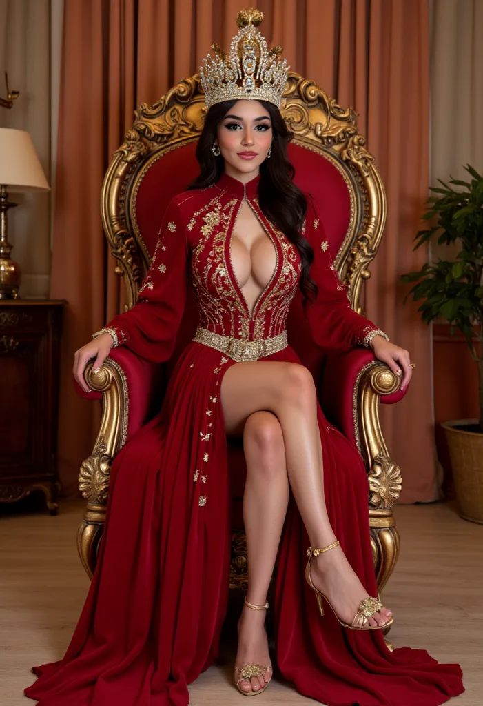 hyper realistic photo of 1hijab queen and  1hijab princess , Beautiful crowned hijab young queen and  princess, 19 years old, sexy tall beauty hijab arabian queen,  crowned hijab queen wearing royal gown that sexy revealing dress,sitting on big royal thron...