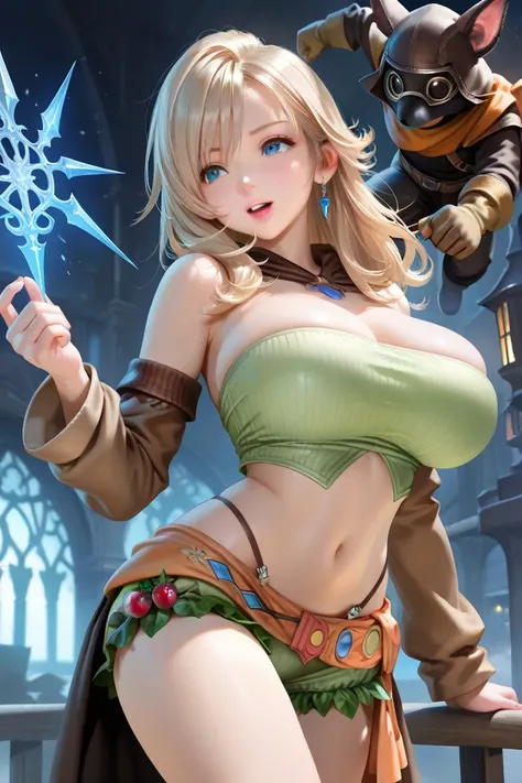 huge breasts , ((1 girl)), (dynamic synthesis from bottom: 1.3), ((masterpiece, highest quality, highest image quality, final fantasy, high resolution)), young beautiful girl, human,(((thief))),green tube top ,brown arm warmers,berry shorts,very delicate h...