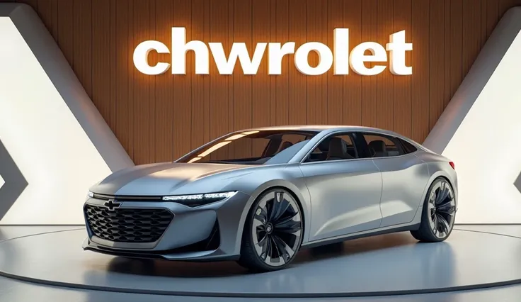 stunning 3D render of a futuristic 2025 Chevrolet Malibu displayed in a sleek, modern showroom. The car's front left view showcases its sleek lines, innovative design, and a sense of speed. The bright silver color of the car contrasts beautifully with the ...