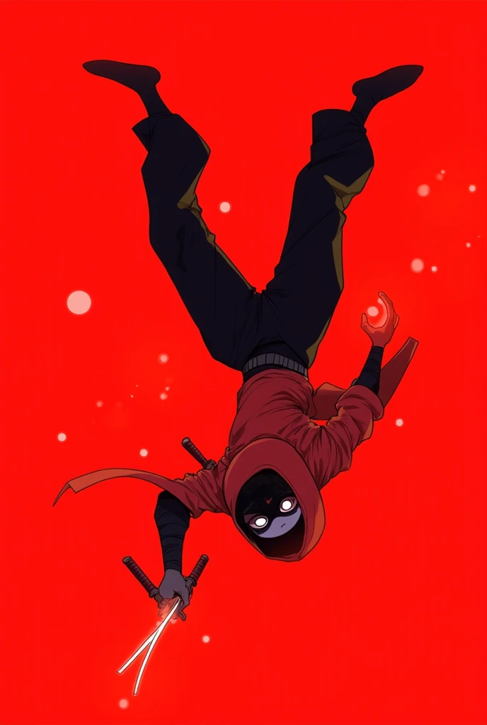 A minimalist stylized ninja in an ultra-dynamic mid-air pose, performing an exaggerated acrobatic flip with extreme fluidity. The ninja wears a vibrant red and black hooded outfit, with the fabric billowing dramatically in the motion. The ninja wields dual...