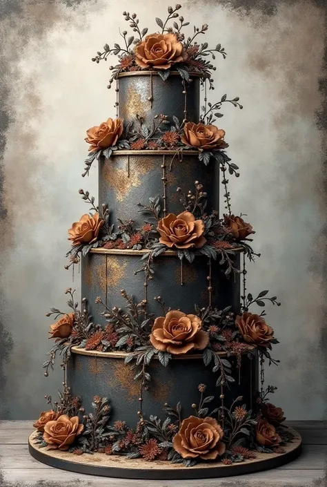 make a sketch of a very large cake, metallic lead gray background color, 6 levels, ancient medieval theme, detailed and fanciful, sinister medieval aesthetics, dark fantasy mixed with realism, with metallic brown flowers, the art of the cake in medieval ae...