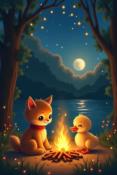 
Image Prompt: Scene 5 – The Campfire of Healing

A small campfire flickers warmly in a quiet clearing, casting a golden glow over the kitten and duckling. The kitten, still wearing a small scarf, sits attentively beside the duckling, wrapping it in a soft...