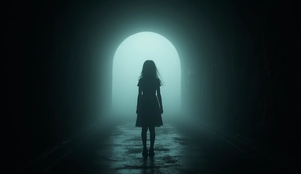 A ghostly silhouette of a young girl stands at the far end of the tunnel, her figure barely visible through the mist. The tunnel is dark, the air thick with an unnatural fog. A faint glow outlines the ’s form, flickering like embers. The walls seem to clos...