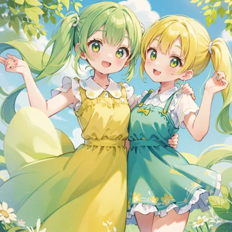  absurd,  Hi-Res, ( anime style:1.1), (( Masterpiece)), (( highest quality)), ( super detailed), ( beautiful), beautiful face、(Lift Up), cute girls、 good、 good in a high position、 twin tails、yellow hair、 green dress、((( twin tails、)))(((Hai Van)))