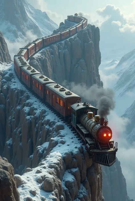 The dragon climbs the mountainside, but instead of back and tail, train carriages