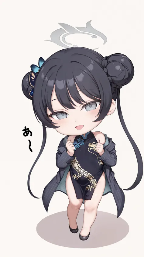 {{{masterpiece}}}, {{{best quality}}}, {{ultra-detailed}}, {illustration}, {{an extremely delicate and beautiful　kisaki-default, kisaki \(blue archive\), grey eyes, black hair, double bun, twintails, halo, china dress,Jacket　 pelvic curtain　Blushing:1.1　sm...