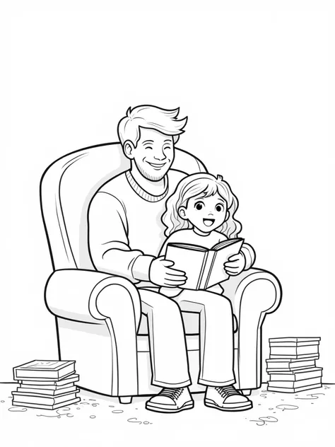 Coloring page for s, a father reading bedtime stories for his daughter. Cartoon style, thick lines, low details, no shading.