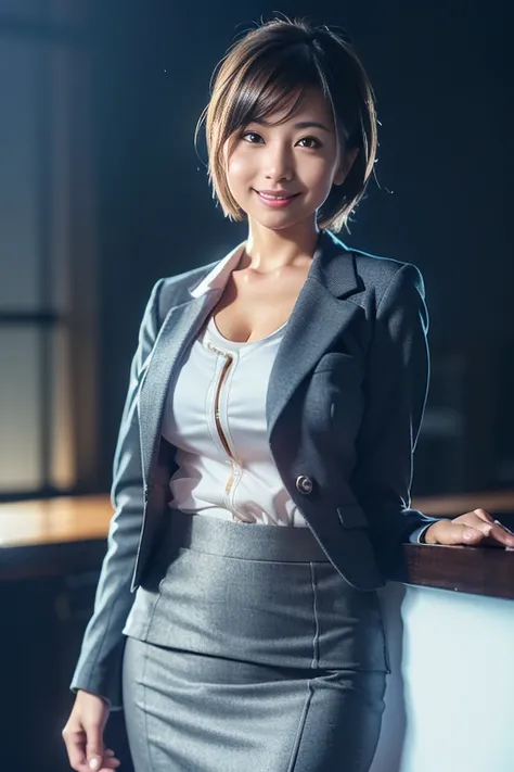 (8k, RAW photo, photorealistic, HQ, masterpiece), a cute Japanese woman, (glowing eyes), 
(shy Smile: 1.4), brown hair, fluffy Pixie Bob hair, (business suit, jacket suit, Pencil Skirt, Tight skirt, 
skirt suit), large breasts, (background Large office), S...