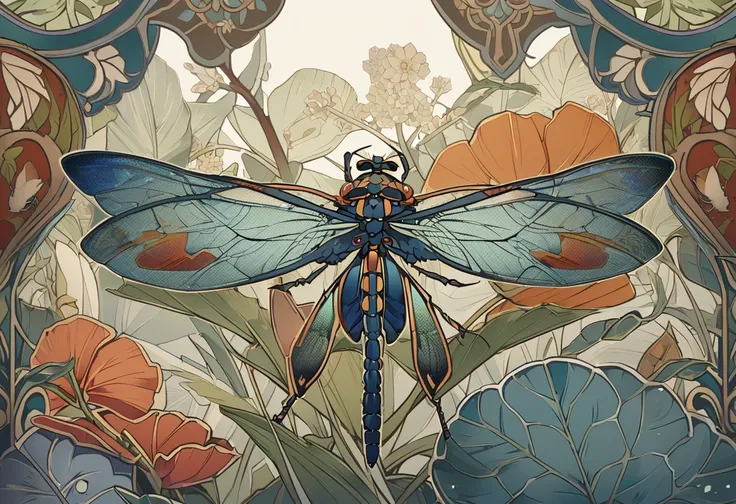 a close up of a Drag on Fly on a floral wallpaper, big leaves and large Dragonfly, Eugene, inspired  by Maria Givira Merian , Drag on Fly,  inspired by Eugène Grasset, William Morris,  by Maria Givira Merian , Dragonfly,  botany in Art Nouveau , Mysterious...