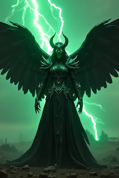 /imagine prompt: A hyper-realistic 3D depiction of a fusion between Hela, the Goddess of Death from Marvel, and a colossal raven, captured in stunning 4K detail as if shot with a Sony A1 camera. The character stands imposing and powerful, showcasing a blen...