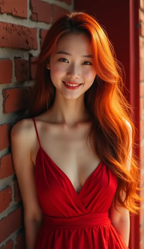 Korean woman smile little long hair red brick color wears red bando color depicting color and wears long dress in red beren