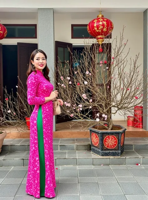   A beautiful young Korean woman with long hair Slightly smiling thin . dress midi dress collared orange ber large red pink flowers , carrying a bag luxurious cream colored . sitting on a bench of long white chairs under a very large tree , there are red r...