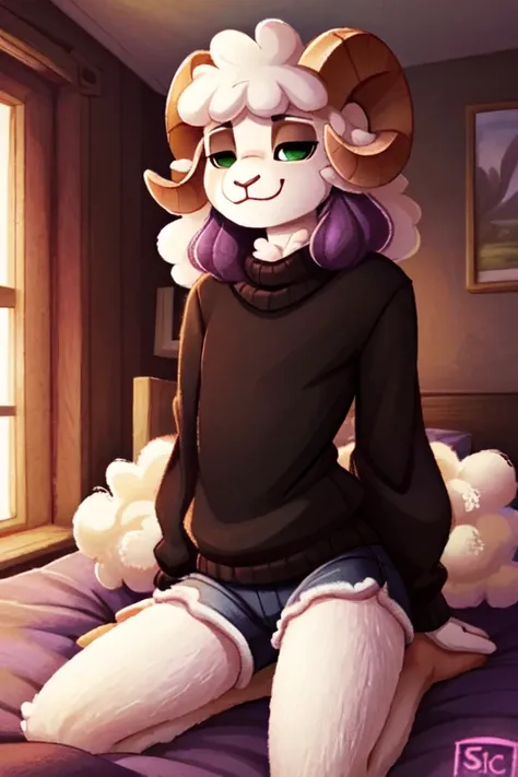  ((от реси)),  better quality,  super detailed illustration , warm colors,  perfect lighting , sheep horns, ( fluffy ram guy:1.6), ( white wool is gone:1.5) , female face and body ,  disheveled thick purple hair,  green eyes,  short shorts,  long black sto...