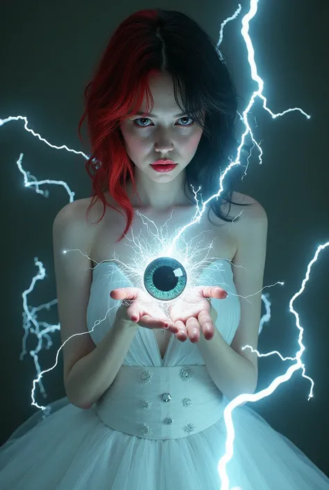 Une femme aux cheveux rouge et noir yeux blanc revulsés  en tenue de soirée blanche , entourée d'électricité nous montre sa main avec un oeil posé à l'intérieur 