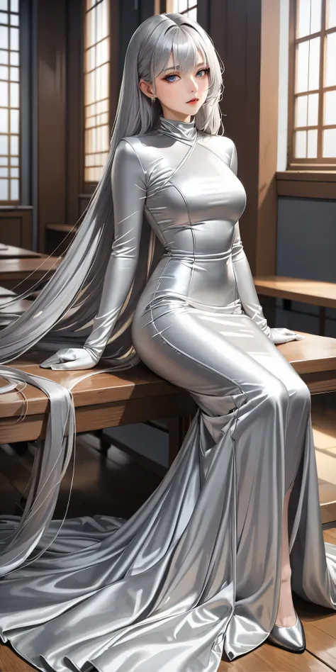 masterpiece,Highest quality,Ultra-high resolution),Japanese women with silver hair, (((Very beautiful 25 year old girl)))、(She is wearing a shiny light silver satin long sleeve outfit..)、The dress has a simple design without any patterns...、(((A long skirt...