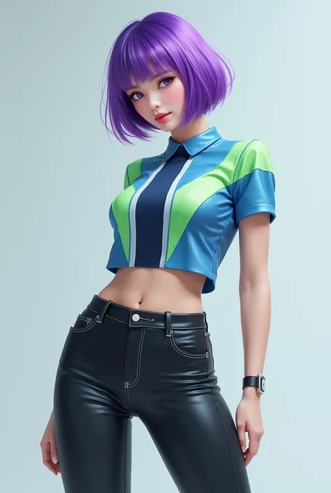 A realistic kpop girl in purple short bob cut cruelty hair wearing a blue and light green with zigzag image top short sleeve and short black jeans and black sneakers in crazy hot pose in plain background 