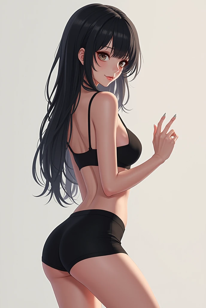 Black-haired anime girl wearing black miniskirt and lingerie,skinny white skin without so much bust and medium thighs  