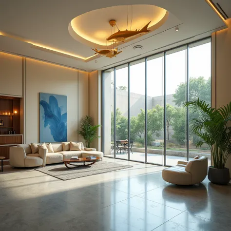 a clean looking grand hotel lobby overlooking to garden, with some lounge seating, reception desk, modern art-deco, full glass facade, double height, light beige color wall, one feature wall, fun and curve ceiling, modern sculptural ceiling lamp, blue artw...