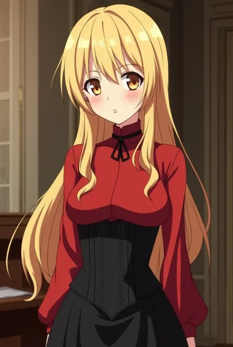 A woman in her twenties with butter blonde long hair. She has a loose side tail hairstyle, amber eyes, fair skin, and a small chest.
She wears a red long-sleeved blouse, a black corset, and a black long skirt.
Her expression is a shy. The background is a c...