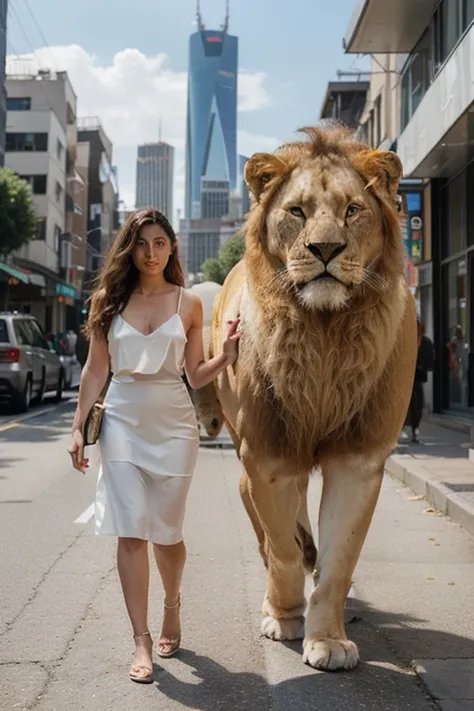 A realistic photograph of a woman in a white dress walking side by side with a super giant lion with thick fur, both walking directly towards the camera in a straight line, with a futuristic city as the background