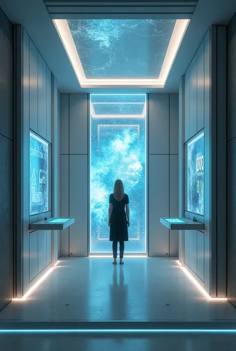 A secluded room inside a building 
with interactive screens 