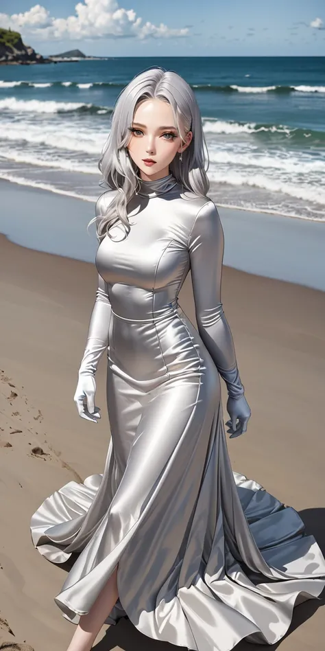 masterpiece,Highest quality,Ultra-high resolution),Japanese women with silver hair, (((Very beautiful 25 year old girl)))、(She is wearing a shiny light silver satin long sleeve outfit..)、The dress has a simple design without any patterns...、(((A long skirt...