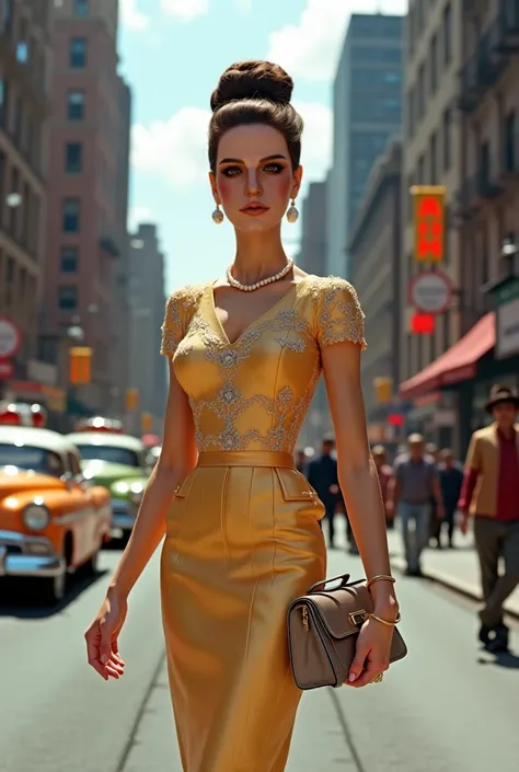 Draw this face with 20th century 60s fancy female fashion clothes and she is standing on the street of New York with a handbag in her hand