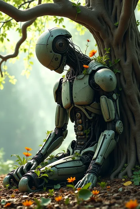 A broken  muscular android sitting slumped under an ancient, gnarled tree. Its metallic body is tarnished and cracked, with vines and moss creeping over its joints and panels. Flowers bloom in the hollow of its chest cavity, and tiny roots pierce through i...