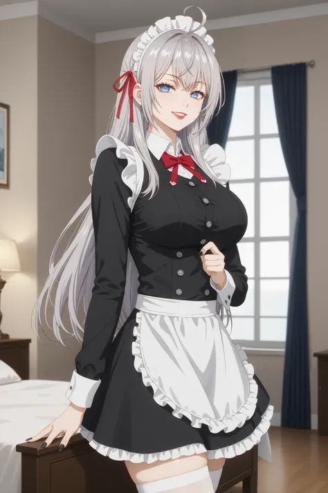 Girls, smile, red lips, fair skin, big tits, big breats, big ass, big butt, long hair, sexy body, thic body, beauty girls, maid costume, black and white maid costume colors, stocking, white stocking colors, nails, black nails colors, in bedroom background,...