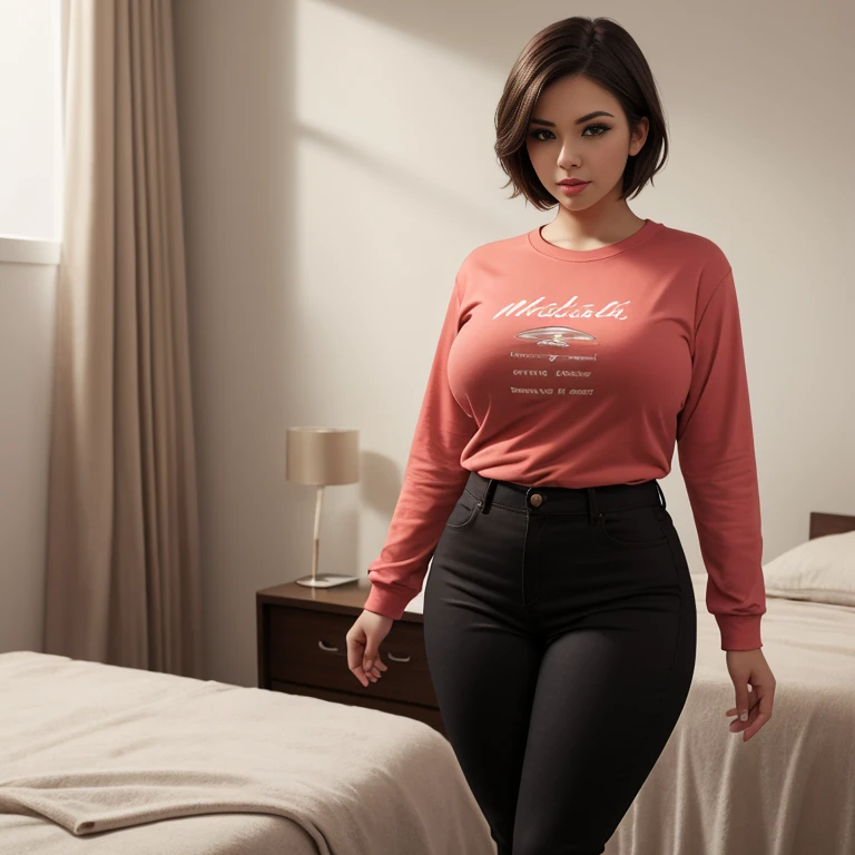 timid short petite cute slightly chubby busty macromastia Brazilian nerdy emo, short hair, cute detailed brown eyes, cutely detailed lips, cute highly detailed eyes and face, voluptuous breasts, thin thighs, long sleeve plain tshirt tucked in black pants, ...