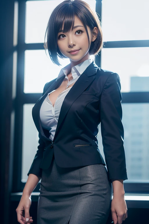 (8k, RAW photo, photorealistic, HQ, masterpiece), a cute Japanese woman, (glowing eyes), 
(shy Smile: 1.4), brown hair, fluffy Pixie Bob hair, (business suit, jacket suit, Pencil Skirt, Tight skirt, 
skirt suit), large breasts, (background Large office), S...