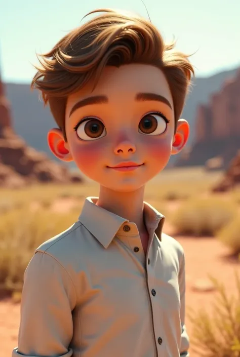 Western. Young man in 20s with fluffy light brown hair. Soft-ish face with good bone structure. Pale. Small brown doe eyes. Full soft lips. Button nose. White button up shirt.