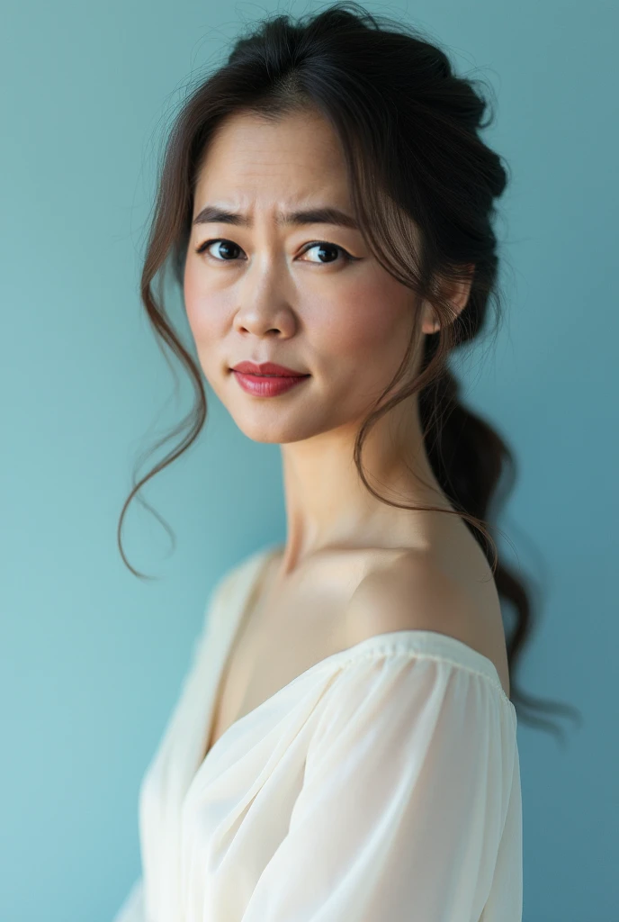 Professional close-up portrait photography of a beautiful Asian girl wearing warm white suit long dress, simple    light blue background