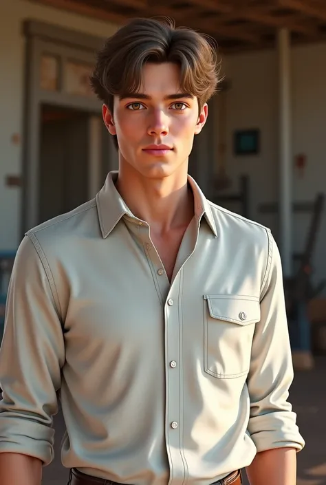 Western. Young man, 25, with fluffy light brown hair. Soft-ish face with good bone structure. Pale. Small brown doe eyes. Full soft lips. Button nose. White button up shirt. Army doctor. Realistic.