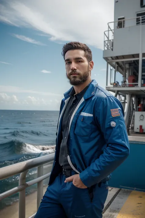 1boy,handsome male,face,beard,offshore platform background,engineer, ocean engineer, 