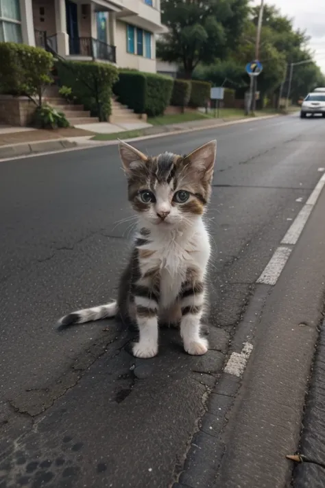 A tiny kitten stranded on the side of the road in a limp and straitened condition