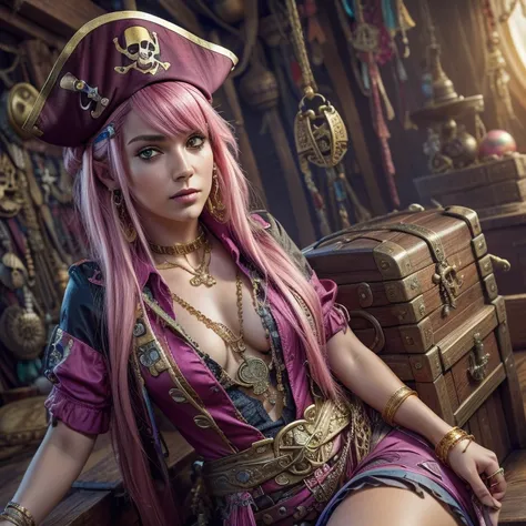  Top quality t-shirt), ( high detail), (  bright colors  ), (1 girl), (A pirate treasure chest with gold and jewelry),  A beautiful pirate captain dressed in pink, Sitting on top of skeletons, pirate hat with details, WELL DEFINED FACE,  pink hair, suggest...